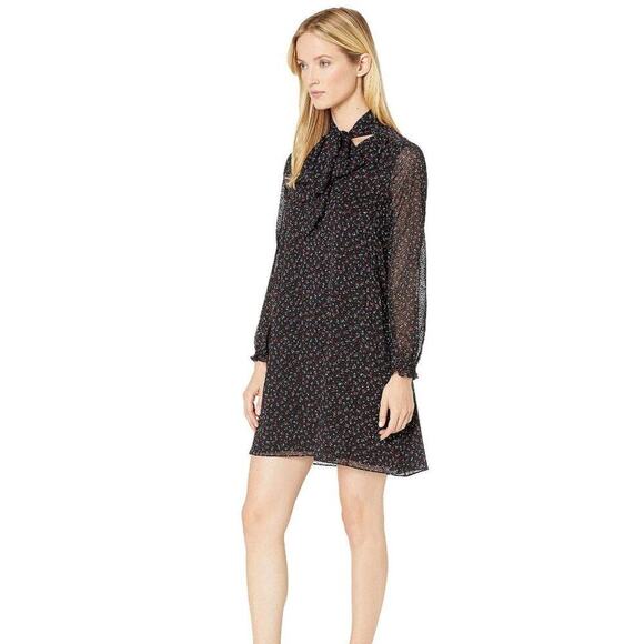 CeCe Long Sleeve Black Dress Wisttful Blooms Size 4 Retro Ditzy-floral Tie Neck - Picture 1 of 16